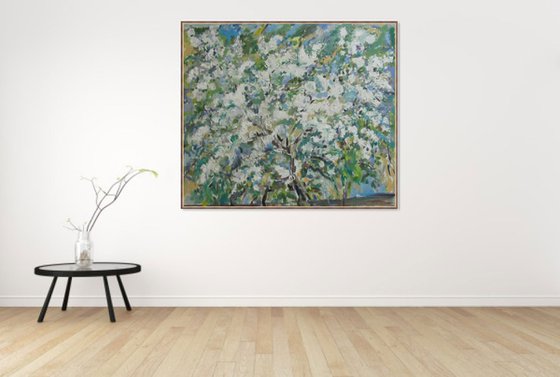 FLOWERING BUSH. APPLE TREE - floral art, landscape, blooming plant, original oil painting, Moscow