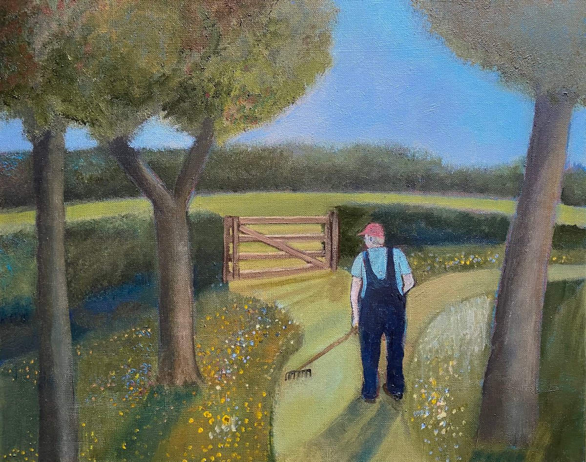 Impressionistic Landscape Oil Painting By Nigel Sharman, 22 X 18", Gardener In Wild Flower Patch, Original Artwork