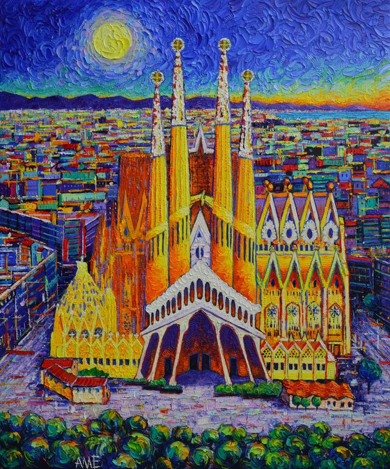 SAGRADA FAMILIA BARCELONA AERIAL VIEW DAWN BY MOON textural impasto palette knife oil painting by Ana Maria Edulescu