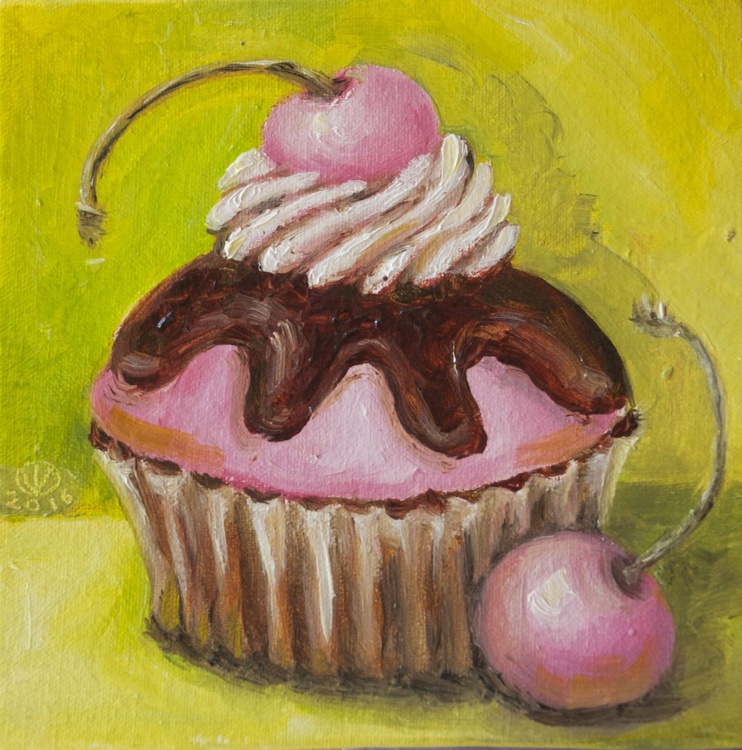 Cherry Cupcake 10x10 Cm Original Oil Painting Artfinder