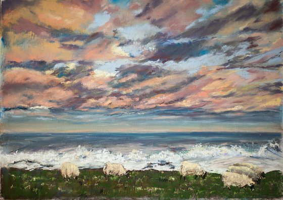 English pastoral. Sunset. Big original pastel painting. Sunset in England travel bright colors impressionism decor home nature