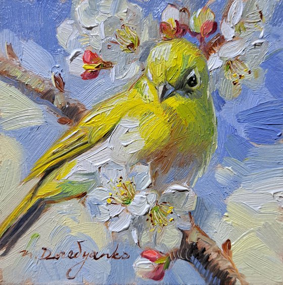 Bird painting original picture frame 4x4, Yellow bird oil painting on blossom branch, Small painting gift miniature art flowers