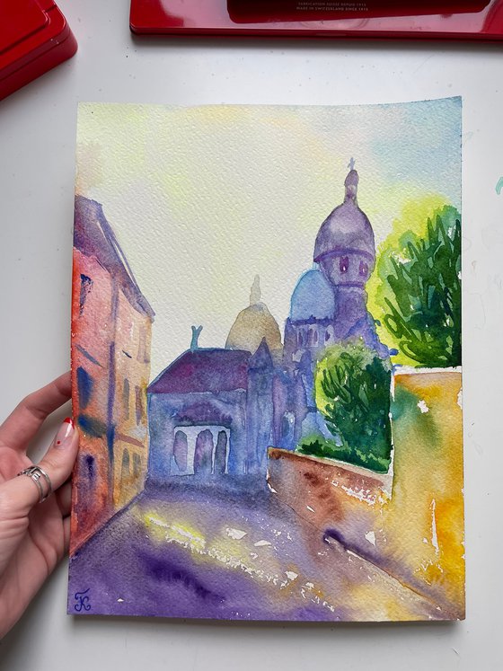 Paris Watercolor Painting, Montmartre Cityscape Art, French City Original Artwork, Romantic Wall Decor