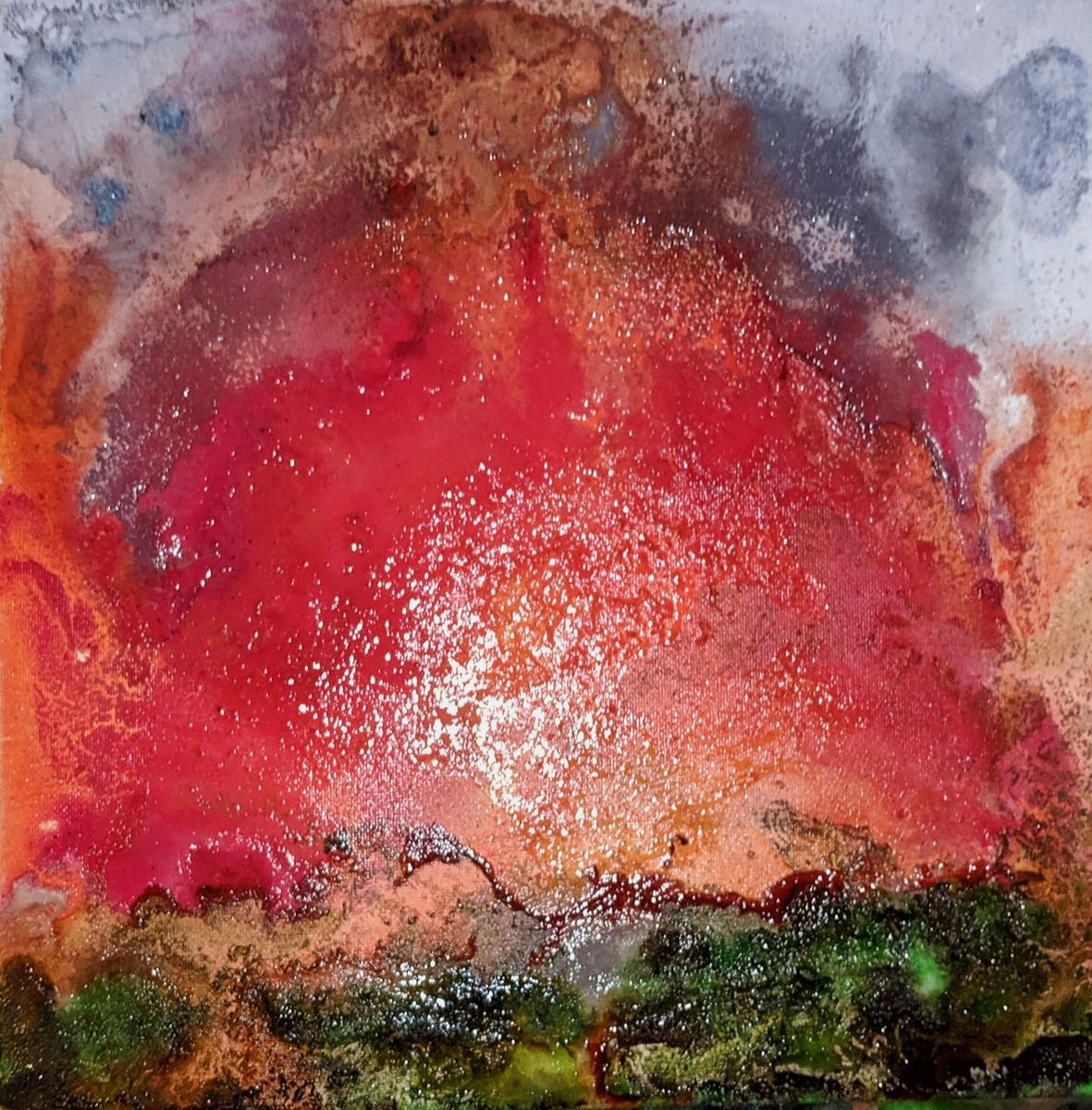 Abstract Landscape Painting By Shelli Finch, 12 X 12", Flaming Sunset Iii, Original Artwork