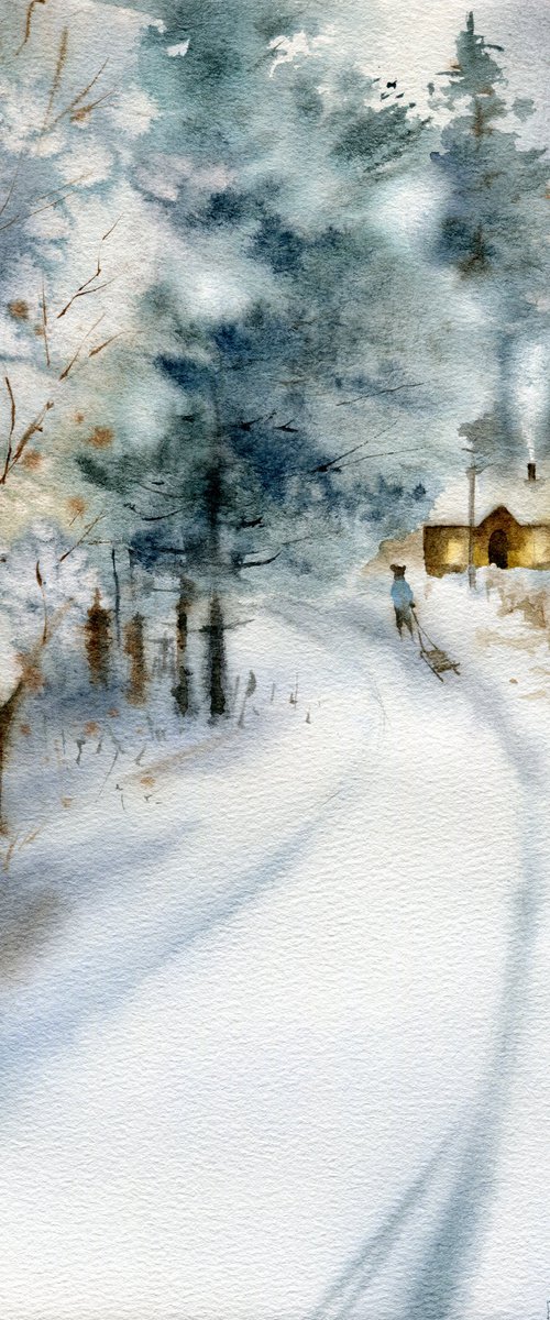 Winter's Tale. Winter village landscape with the road home. Watercolor artwork. by Evgeniya Mokeeva