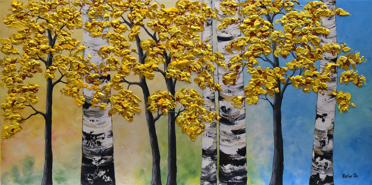 Aspen Tree Painting Large Original Impasto Birch Trees Painting 24 x 48 by Nataliya Stupak