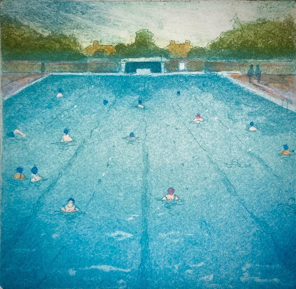 Illustrative Landscape Etchings & Engravings By Rebecca Denton, 7 X 7", Charlton Lido, Mini, Original Artwork