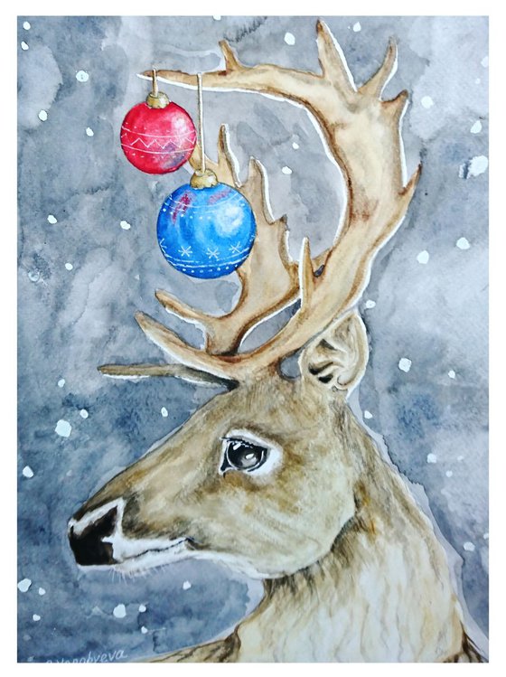 Reindeer. Watercolor portrait painting.
