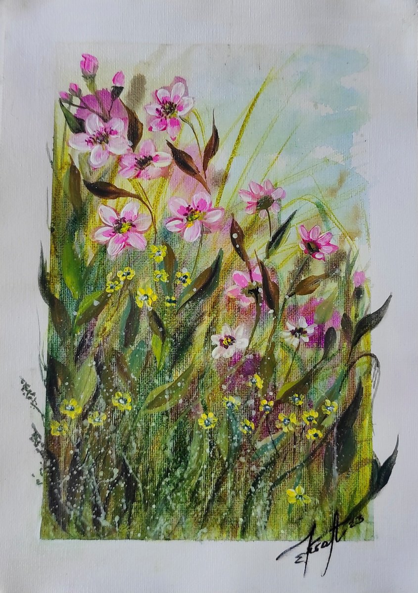 Impressionistic Botanical Acrylic Painting By Elena Kraft, 8 X 11, Summer Flowers , Original Artwork