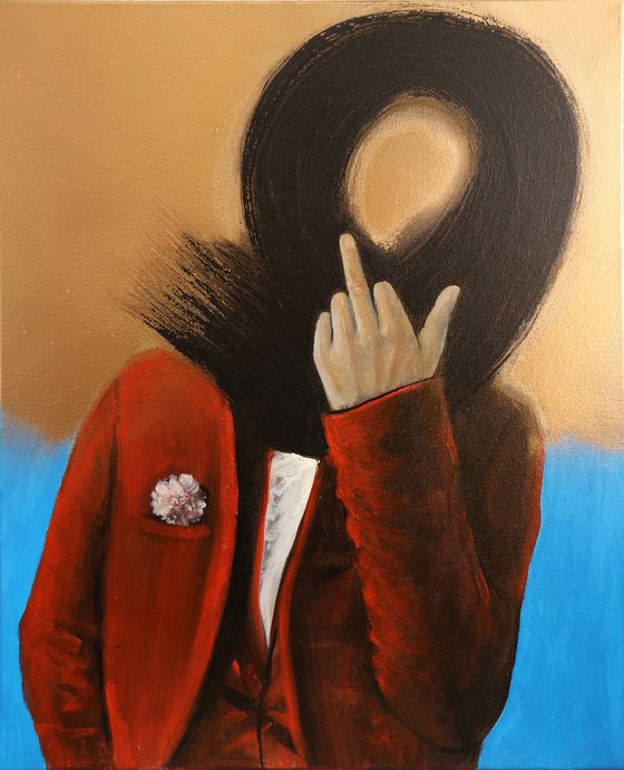 FUCK you -oil painting,Red jacket, calligrafy