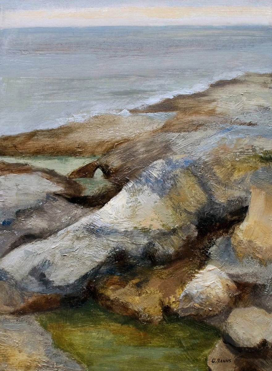 Impressionistic Landscape Oil Painting By Gav Banns, 9 X 13, Ocean Rocks French Coast, Original Artwork