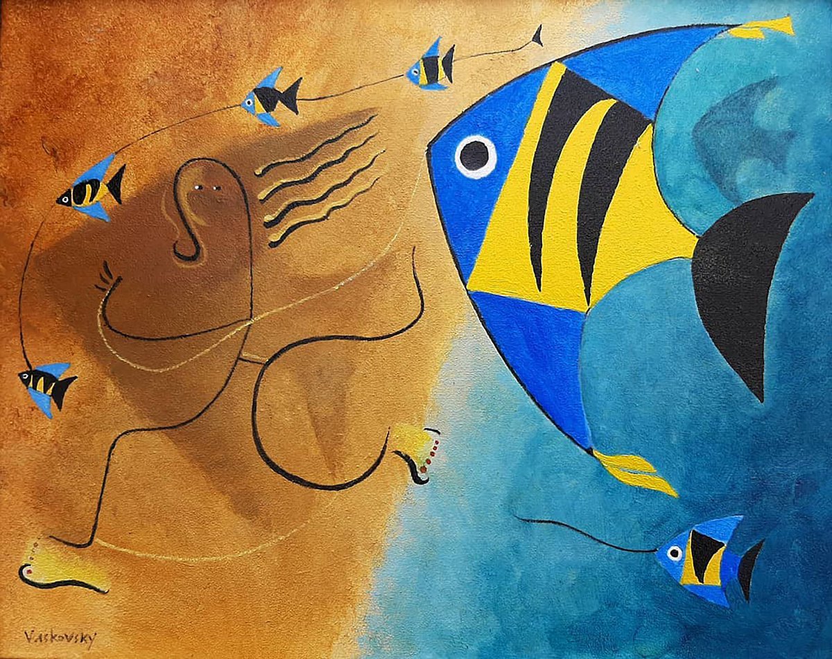 Surrealistic Landscape Acrylic Painting By Vadim Vaskovsky, 20 X 16", Girl With Kite, Original Artwork