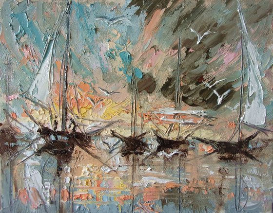 " BACK HOME  " SHIP BOAT SAIL original painting palette knife GIFT MODERN URBAN ART OFFICE ART DECOR HOME DECOR GIFT IDEA