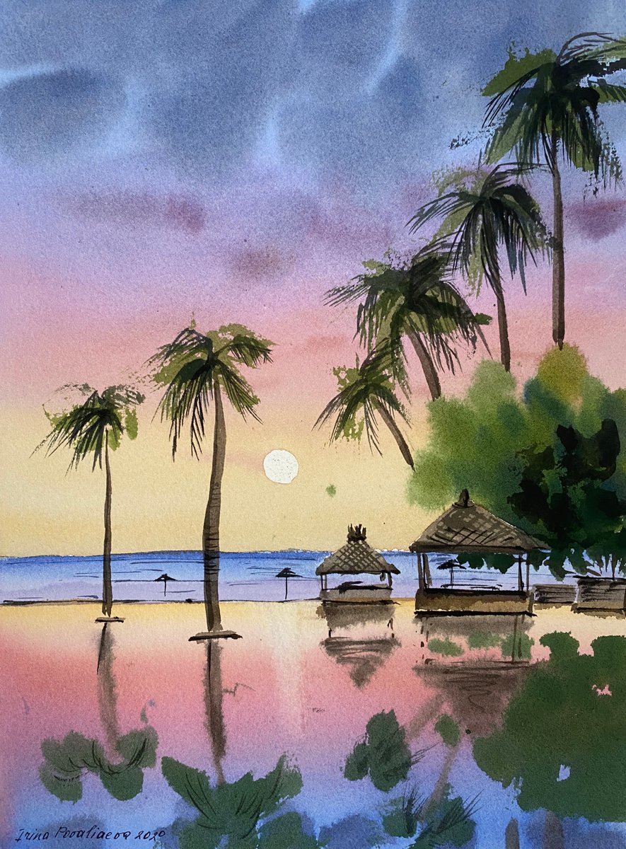 Tropical painting, original watercolor artwork, beach wall art, palm trees artwork, bedroo... by Irina Povaliaeva