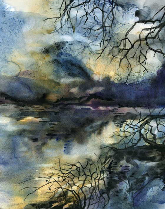 a view of the lake watercolor landscape