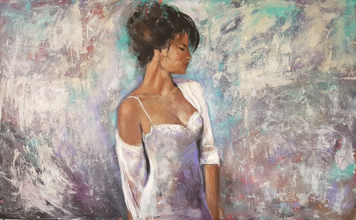 Impressionistic Portrait Acrylic Painting By Els Driesen, 63 X 39, Woman In White, Original Artwork