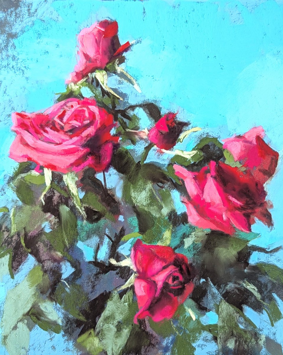 Impressionistic Botanical Pastel Drawing By Silja Salmistu, 7 X 9", Pink Roses, Original Artwork