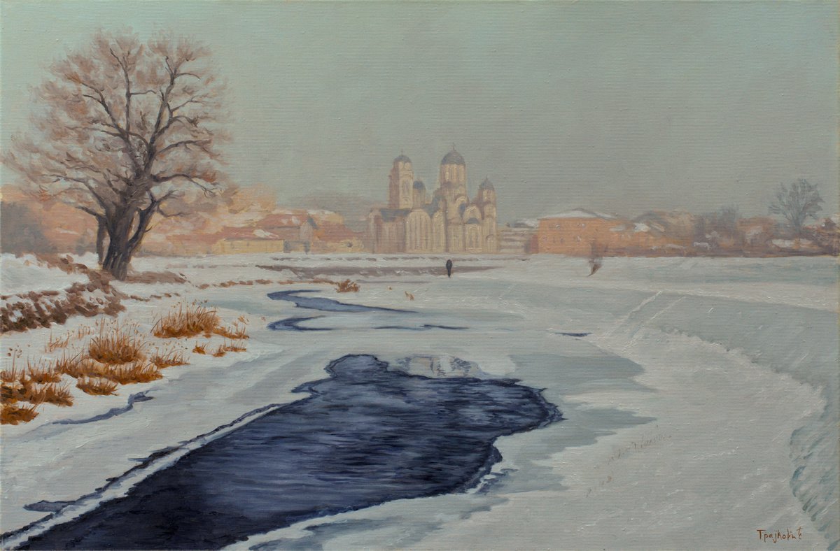 Impressionistic Landscape Oil Painting By Dejan Trajkovic, 34 X 24, Frozen, Original Artwork