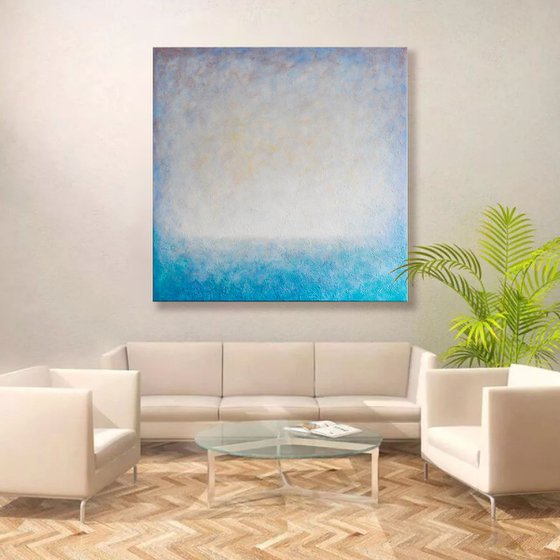 Large Abstract Seascape Painting on Linen Canvas 100×100 cm Ready to Hang