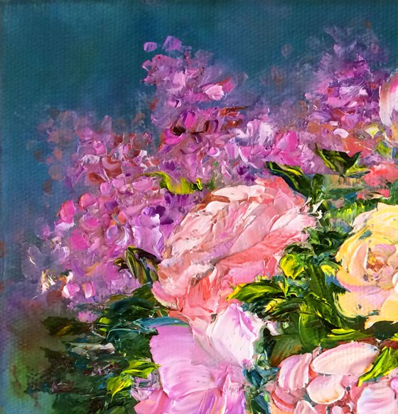 BOUQUET OF TENDERNESS - Lush peonies. garden roses. Lilac in a vase. Bouquet decor. Still life with peonies. Yellow flowers. Blue gamma.