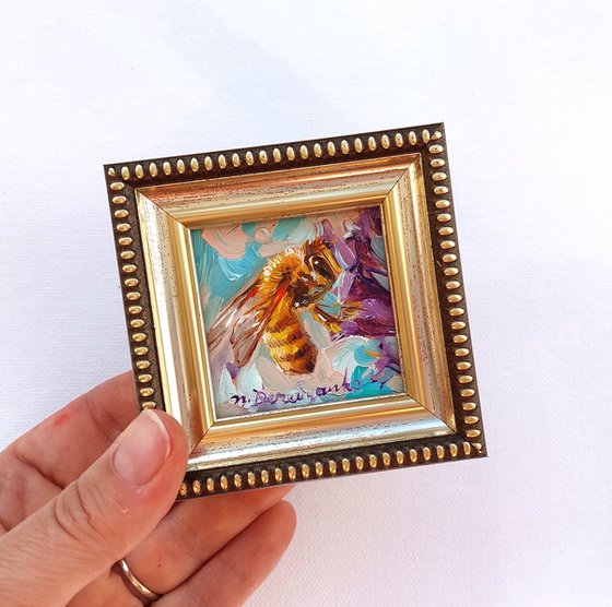 Bee art oil painting original 2x2 inc, Bee artwork green pink in frame, Honey bee wall art tiny, Dad gift