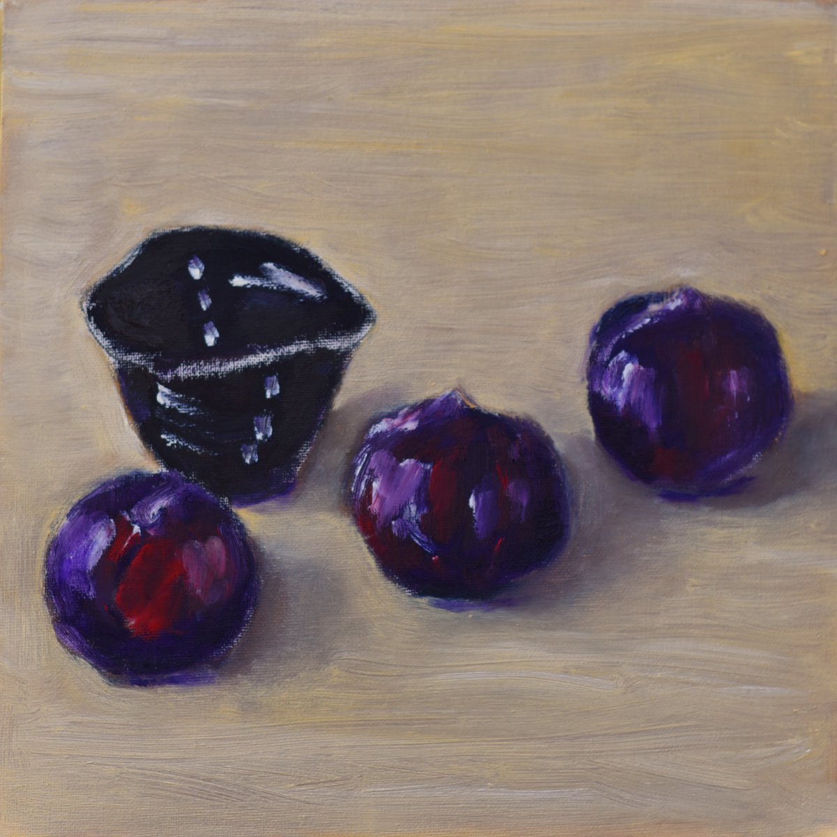 Three plums with japanese tea cup by Elena Zapassky