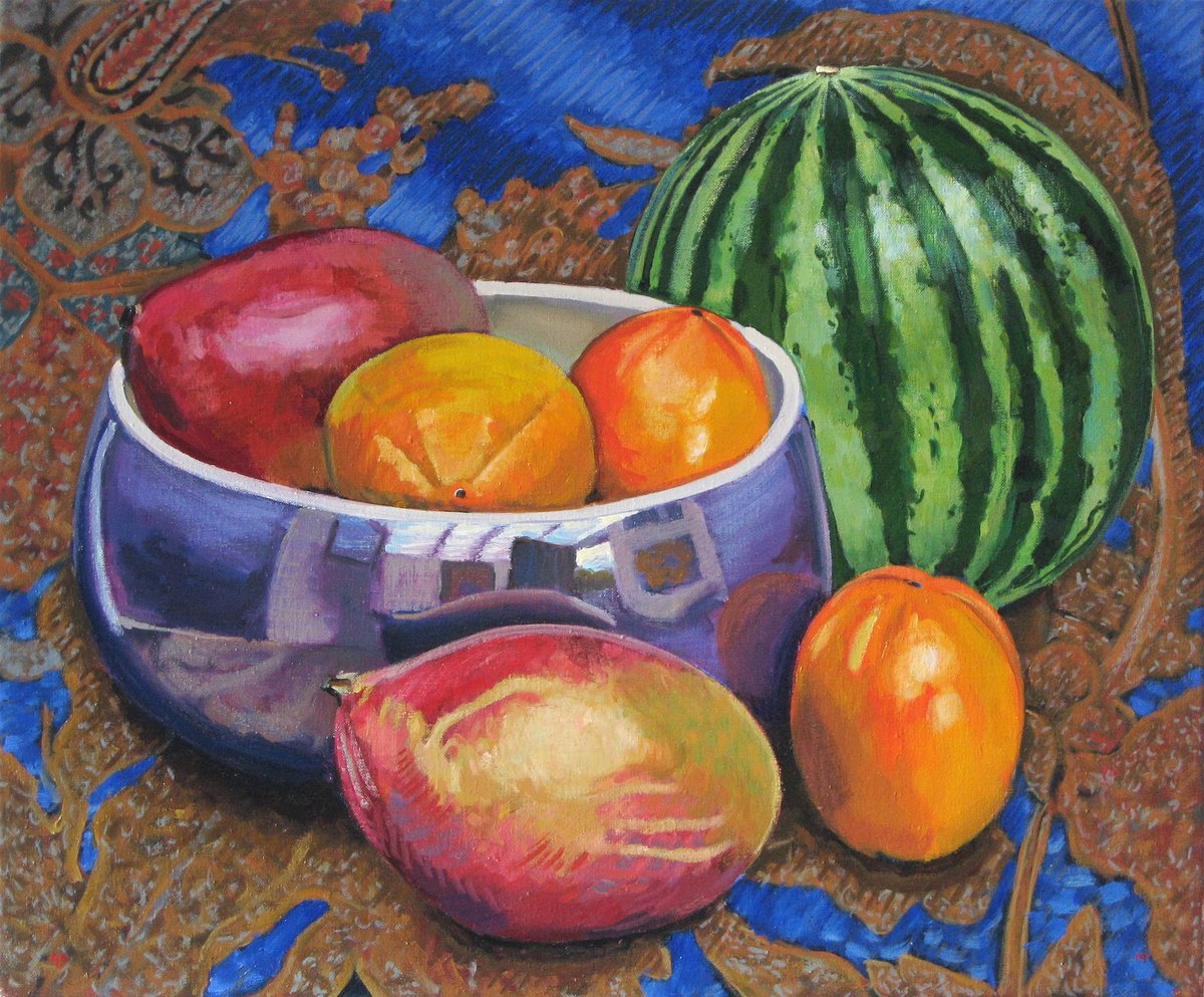 Still Life Oil Painting By Richard Gibson, 22 X 18", Still Life With Watermelon, Original Artwork