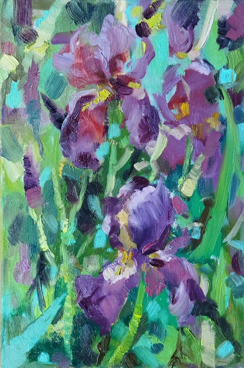Impressionistic Botanical Oil Painting By Ann Krasikova, 8 X 12, Miniature Iris Blooms, Original Artwork