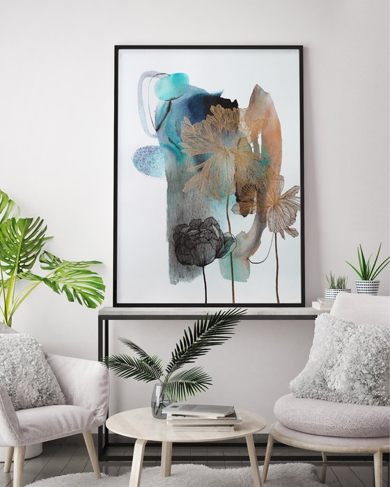 "Thincord" Abstract flowers gold navy art