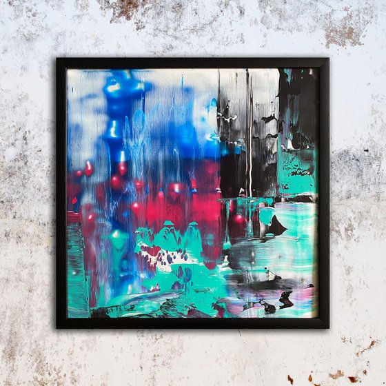 "Tokyo City Lights" - Original PMS Abstract Acrylic Painting On Plexiglass, Framed - 26" x 26"