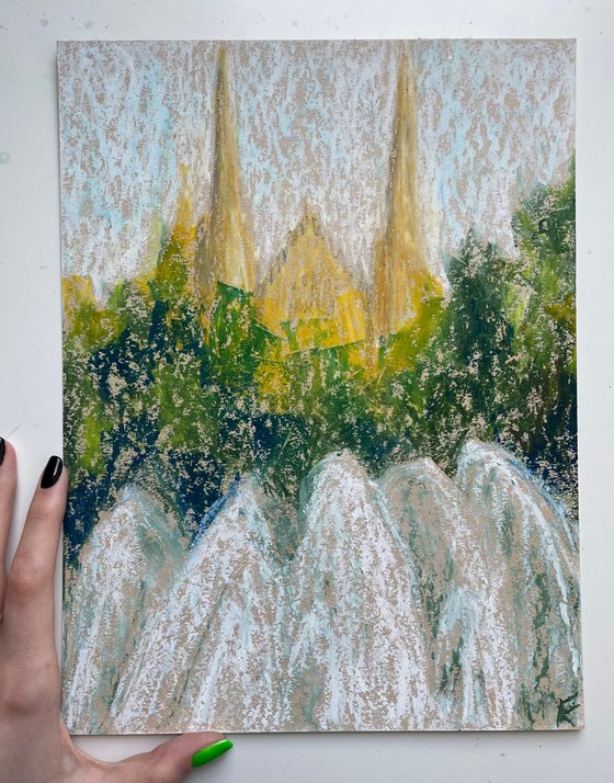 Fountain Original Painting, Mallorca Oil Pastel Painting, Europe City Drawing, Impressionist Wall Art