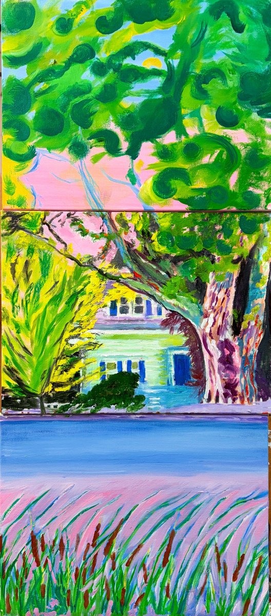 Expressive Landscape Oil Painting By Susan Stewart, 16 X 36", "Beautiful Home", Original Artwork