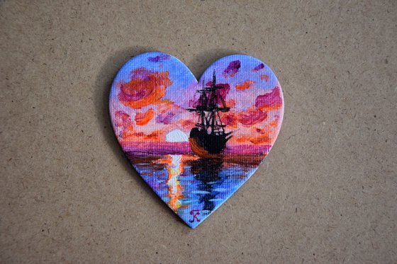 Ship painting, heart decor, fridge magnet, sunset seascape painting, romantic gift