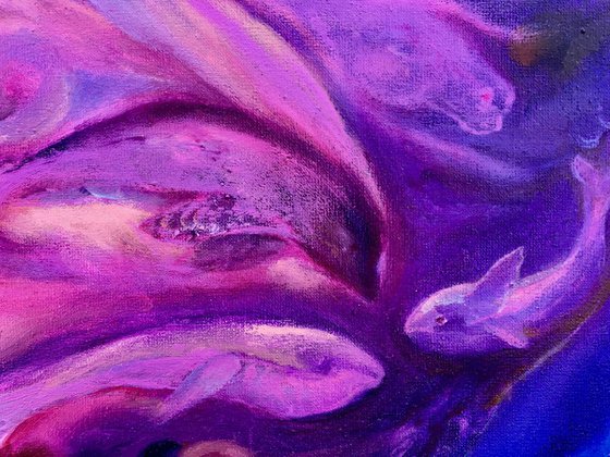 Phantasmagoria - original blue-violet abstract animals oil art painting on stretched canvas