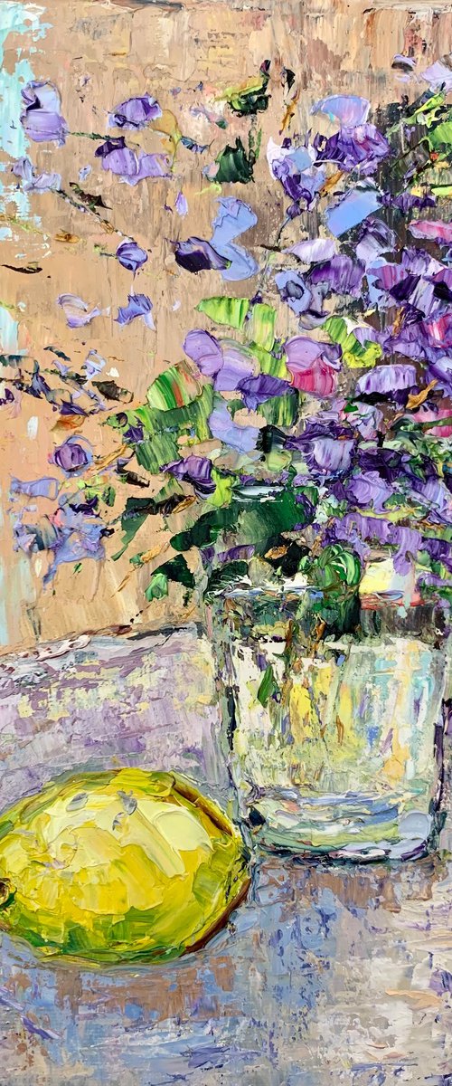 Still life with flowers and lemon by Vilma Gataveckienė