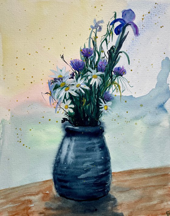 Flowers Original Watercolor Painting, Daisy Wall Art, Wildflowers Artwork, Cottagecore Art, Gift for Her