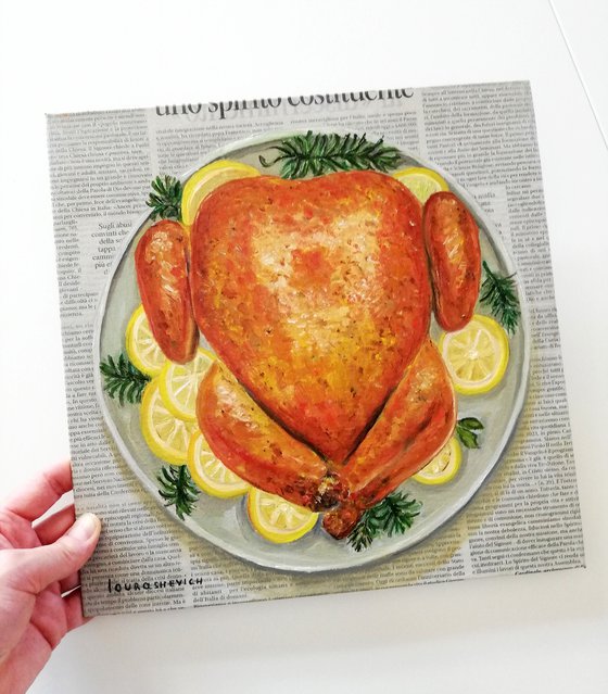 "Roasted Turkey in a Plate on Newspaper" Original Oil on Canvas Board 12 by 12 inches (30x30 cm)
