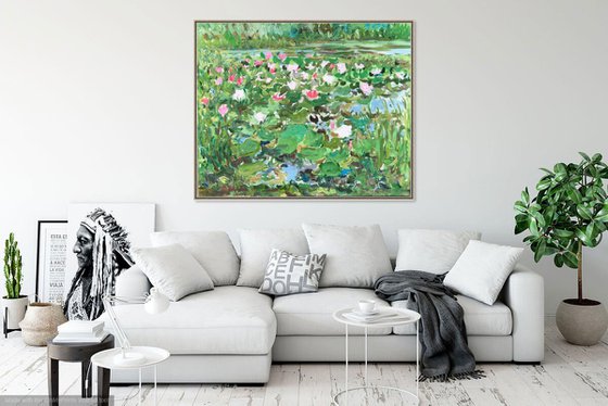 NOON ON THE LAKE, LOTUS - Water lilies, floral landscape,  waterscape, original oil painting, plein air