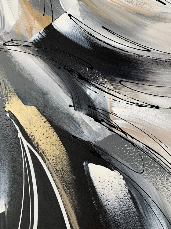 Wild and Free - XL LARGE;  GOLD, BLACK & WHITE ART; MODERN ABSTRACT ART – EXPRESSIONS OF ENERGY AND LIGHT. READY TO HANG!