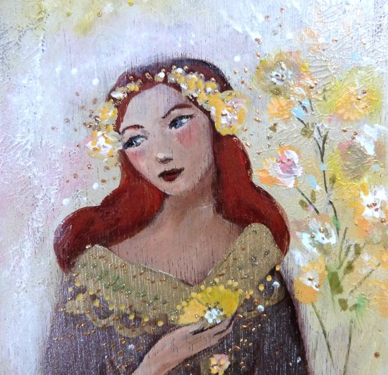 A day of June 15 x 30 cm Romantic redheaded woman on wood.