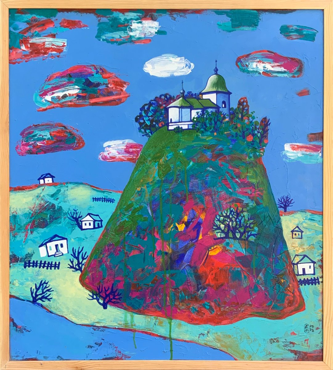 Naive Cityscapes Acrylic Painting By Elena Tomilova, 29 X 33, Church On Hill, Original Artwork