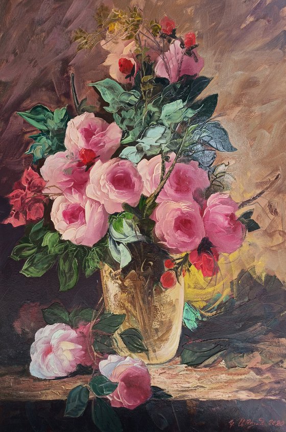 Still life pink roses (60x90cm, oil painting, ready to hang)