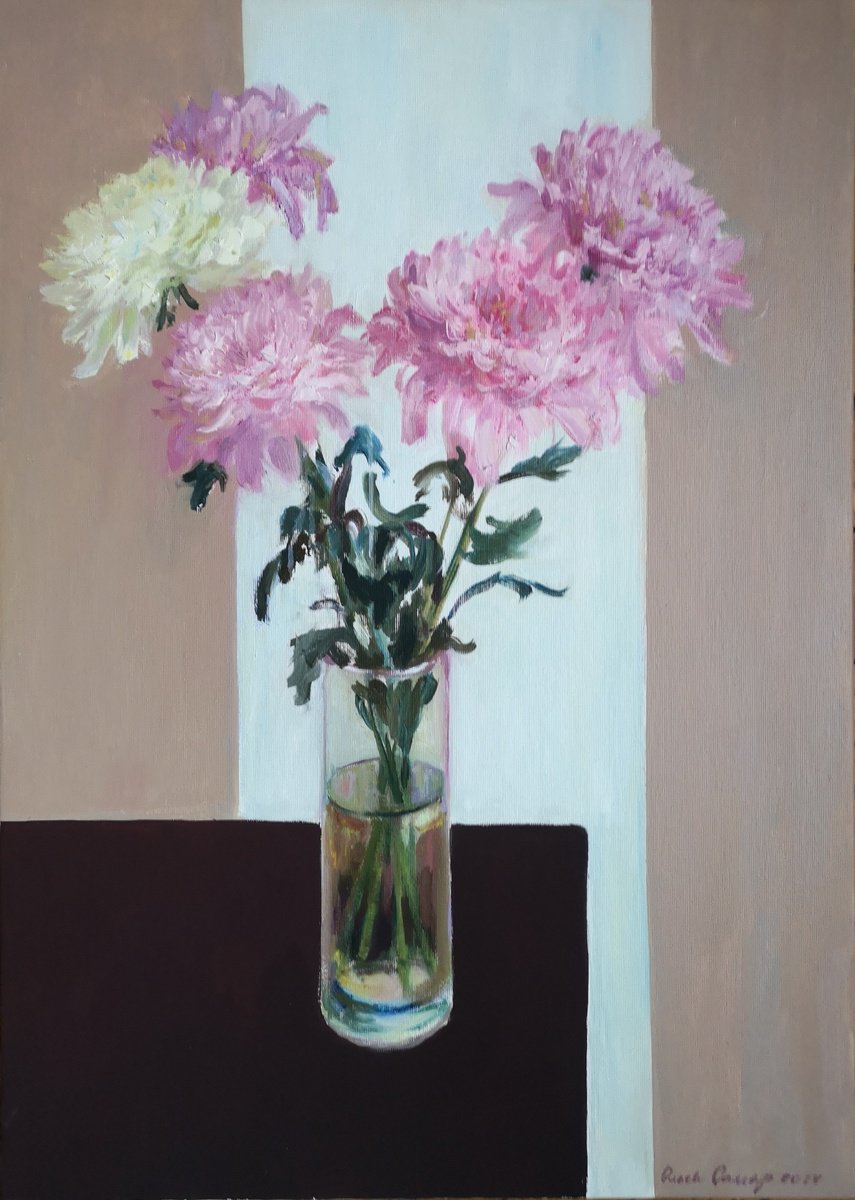 Impressionistic Botanical Oil Painting By Olga Samar, 20 X 28", Incredible Chrysanthemums, Original Artwork