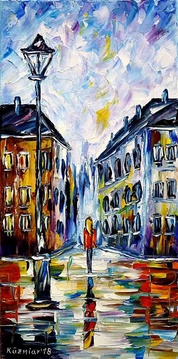 Expressive Cityscapes Oil Painting By Mirek Kuzniar, 8 X 16", A Walk Through The City, Original Artwork