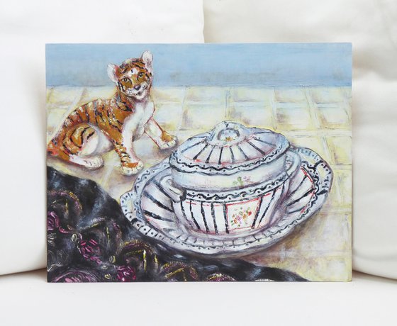 Coalport Serving Dish and Tiger Figurine Still Life