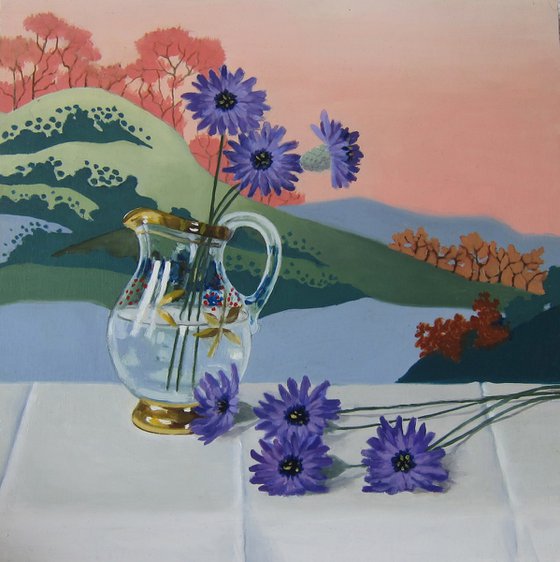 Chicory Flowers in Glass Jug.