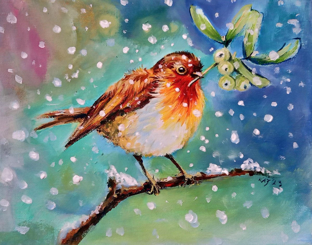Impressionistic Animal Acrylic Painting By Kovacs Anna Brigitta, 10 X 8", Robin At Snowfall Ii, Original Artwork