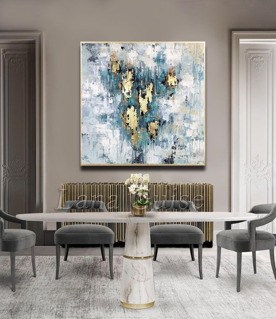 Sky Reflect - Abstract Painting 36" , Gold Leaf Large Painting, Wall Art, Abstract Art, Contemporary Art, Living Room Minimalist Painting