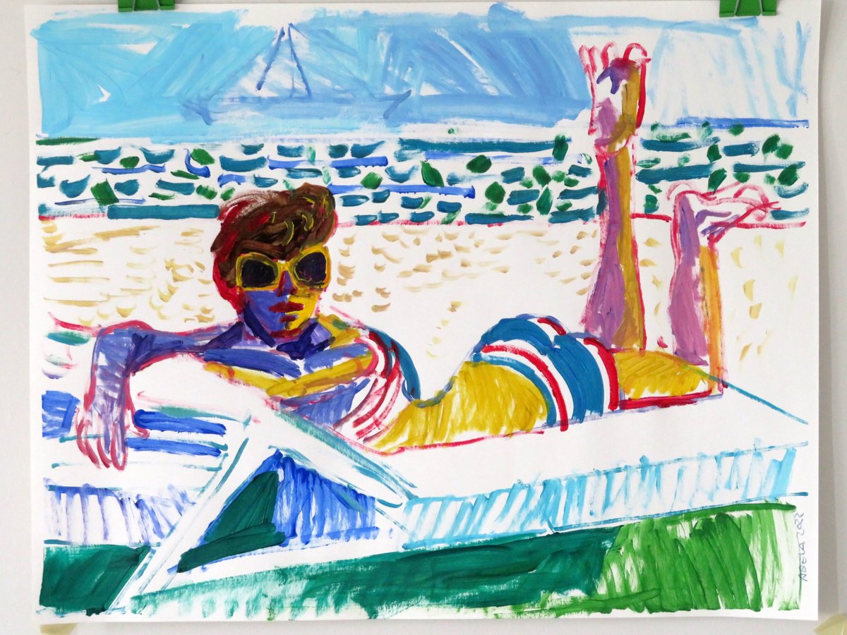 The beach with woman sunbathing by Stephen Abela