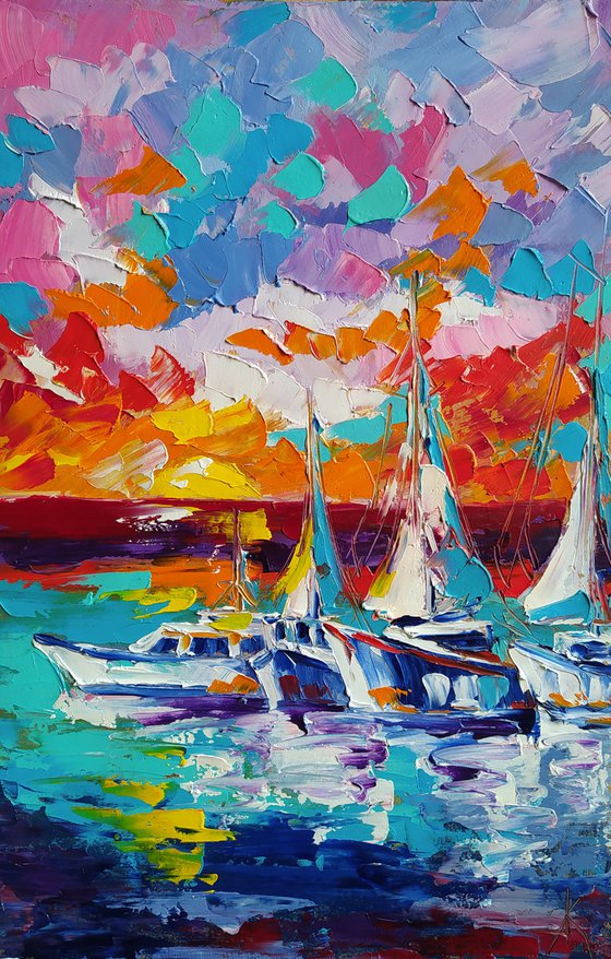 Yachts at sunset - yacht, oil painting, boats, sunset, yacht club, seascape, sea with yachts, yacht original painting, gift for man